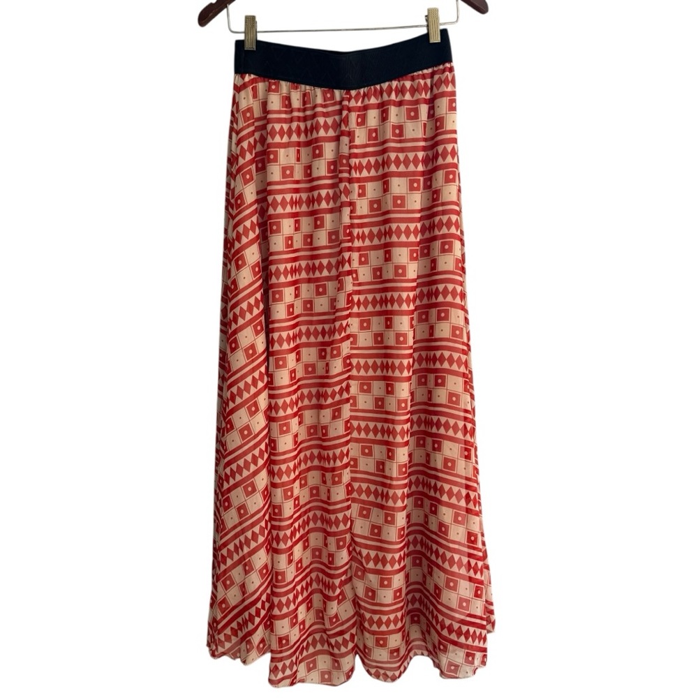 LuLaRoe Red and Cream Lined Geometric Maxi Skirt